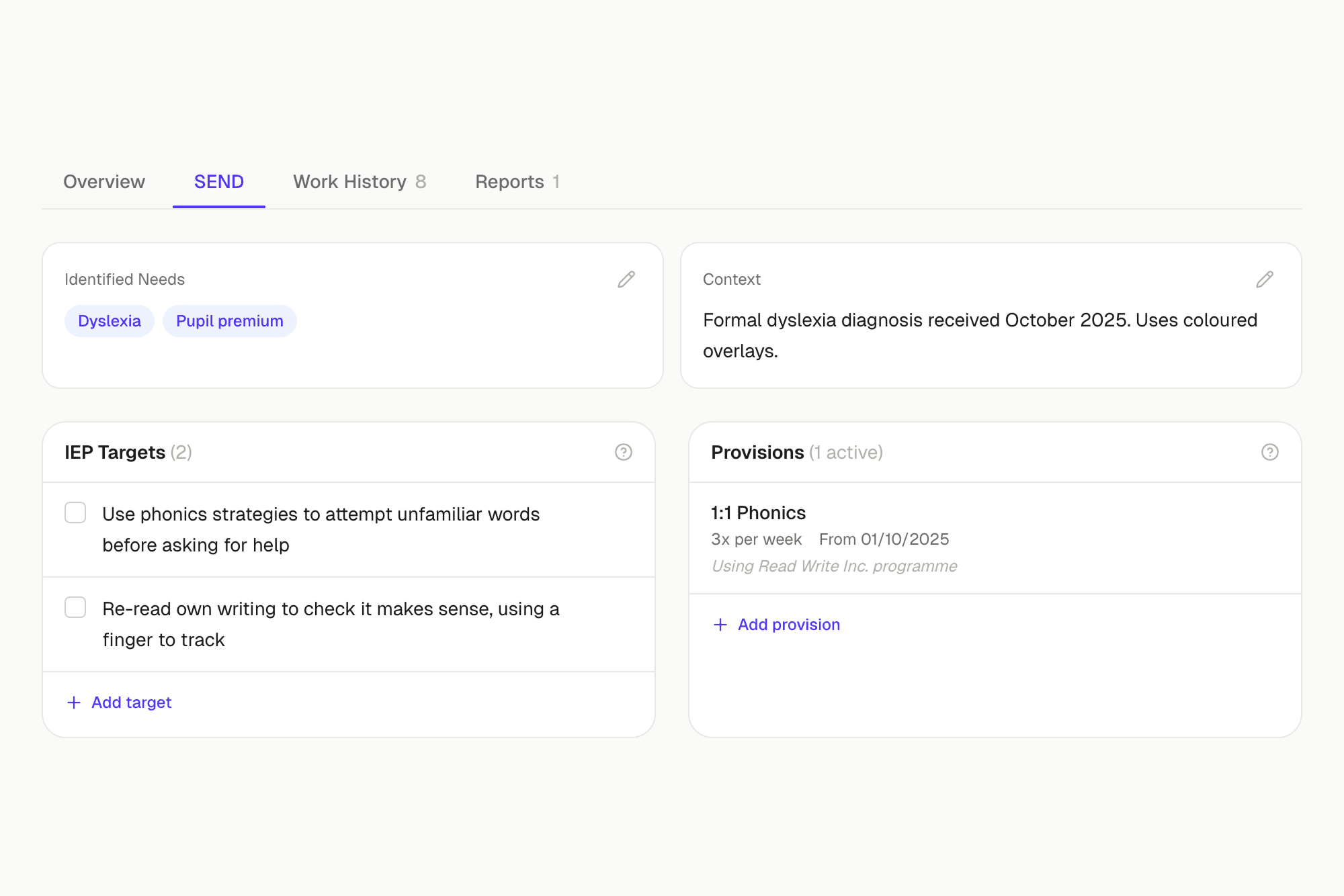 SEND tab with needs, IEP targets, and AI observations